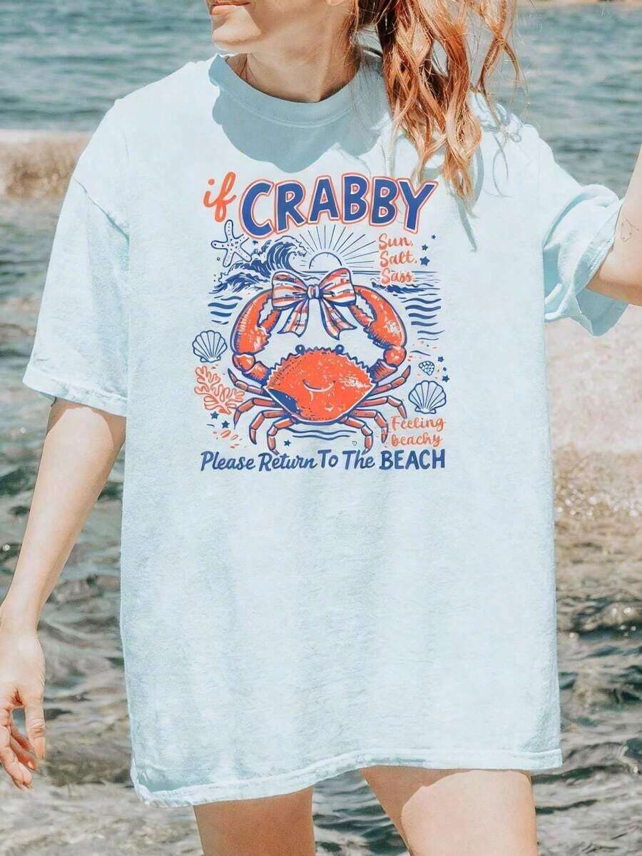 Women's If Crabby Please Return To The Beach Salty Graphic T-Shirt Double-Sided Print Oversized Casual Summer Tops Vacation Outfits Casual - 淺藍色 3 - 查看 1