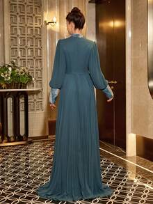 High-End Mandarin Collar, Fashion Patchwork Custom Floral Fabric Design, Elegant Long Sleeve Maxi Dress With Ruched Hem, Soft Fabric Suitable For Banquet, Evening Party, Gathering Wedding - Light Wash - View 8