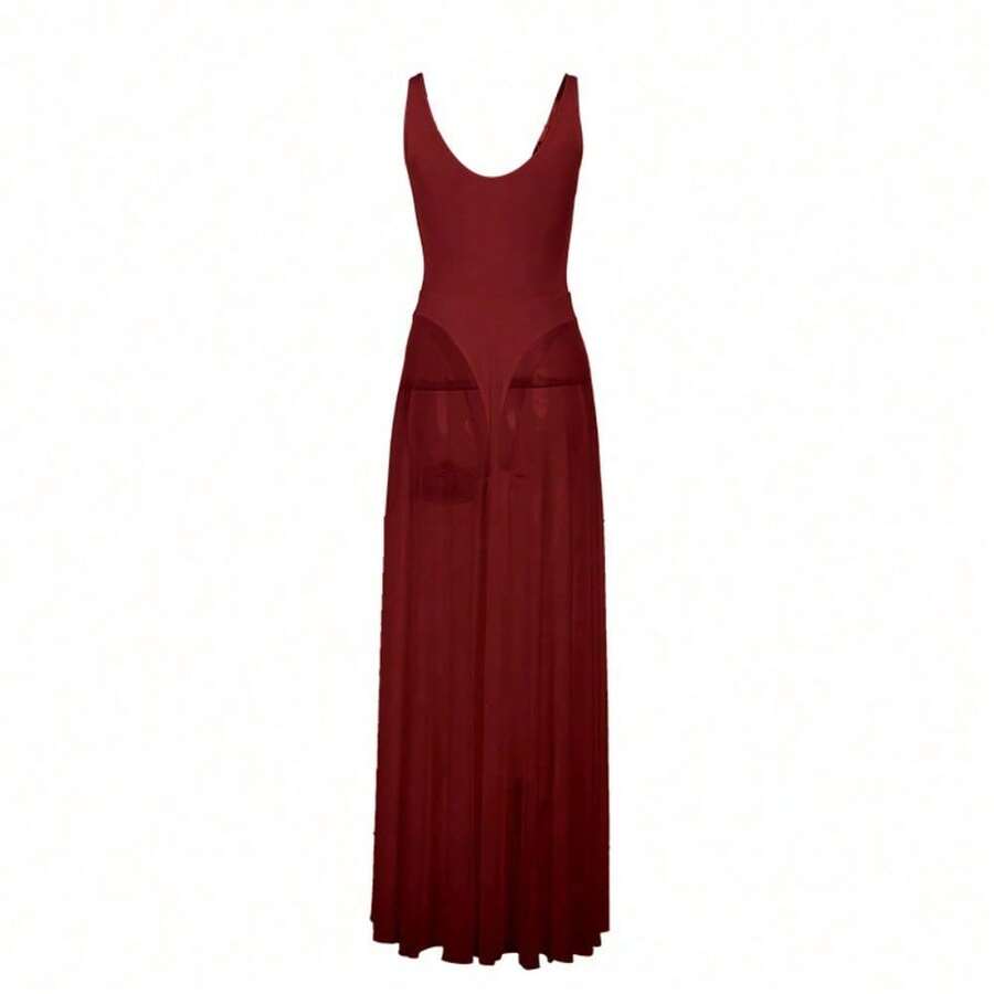 Vestido largo de mujer otoño elegante y sexy estilo señorita ajustado con gasa para vacaciones moda - Burdeos - Ver 1