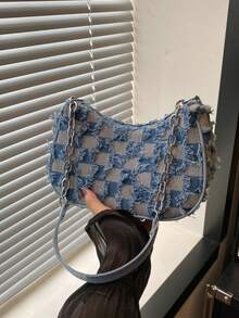 Decorative Buckle Detail, Patchwork, Chain Strap Shoulder Bag, Women's Decorative Buckle Shoulder Bag, Street Fashion Hobo Bag, Suitable For Shopping, Dating, Gift For Women, Suitable For Teenagers, College Students, Work, Business, Commuting - Blue - View 3