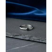 Stainless Steel Silver Solitaire/Stacking Ring With Colored Zirconia Stone, 4mm, For Graduation Or Debutante Parties. - Black - View 2
