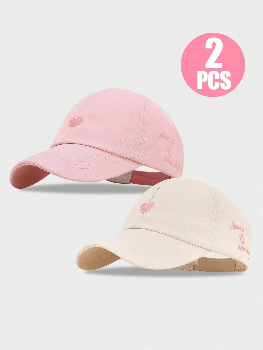 2pcs Kids Girls Heart Embroidered Ponytail Baseball Cap, Adjustable Sun Protection Casual Sun Hat For Toddler, Spring Summer Outdoor Travel Beach Daily Wear - 2pcs Heart Embroidery - View 1