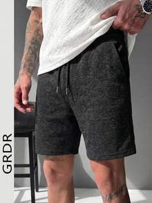 GRDR Men's Black Washed Textured Knit Drawstring Casual Shorts - Black - View 5