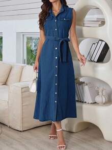 Đầm midi denim không tay cài cúc dành cho nữ, có cổ và túi, kiểu dáng chữ A thắt dây thoải mái, thích hợp cho mùa xuân. - Rửa tối - Xem 8