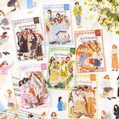 30 Blatt/Packung Aufkleber Set, Serie "Wachsen in Richtung Sonne", zarte Charakter Alltags PET Aufkleber, Scrapbooking Zubehör und Notizbuch Accessoires, zum Dekorieren von Karten, Fotorahmen, Computern, Handyhüllen, Wasserbechern, Zeitschriften, Federmäppchen, Koffern, Büro Deko Aufkleber, Rückkehr zur Schule Saison Aufkleber, Schul-Zubehör Scrapbooking