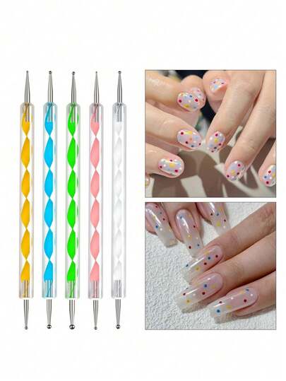 Bộ 5 dụng cụ chấm móng nghệ thuật hai đầu, bút chấm móng tay cán acrylic nhiều màu sắc với đầu bi kích thước khác nhau, bút sáp gắp đá đính móng để thiết kế móng nghệ thuật 3D, dụng cụ làm móng cho móng tay và móng chân, thích hợp cho tiệm nail và tự làm tại nhà.