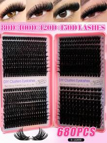800/680pcs High Density D Curl DIY Eyelash Extension Kit, Long-Lasting Mixed Single Cluster False Lashes, Suitable For Beginners, Home Use For Charming Eyes, Daily, Wedding, Date, Party, Travel, Holiday, Christmas, Halloween Makeup Gift Eyelashes - D - View 3