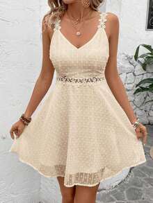 Vestido de espagueti con cordones de encaje de parche sólido para mujer que realza la cintura - Negro - Ver 9