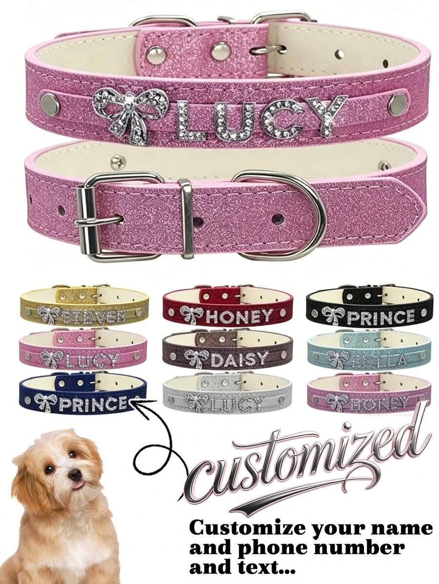 Collar personalizado para perro, collar de cuero de PU para cachorros y gatos con etiqueta de identificación con piedras rhinestone, decoración de colgante personalizado para perros - Accesorios para perros pequeños, medianos y grandes, decorativo, grabado, acero inoxidable, gatos, lentejuelas, moda, minimalista, lindo, adorable, colorido, único, decoración de Navidad personalizada - Multicolor - Ver 1
