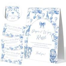 DBlue Toile Diaper And Wipes Raffle Baby Shower Game Blue Bow Safari Animal Diaper Raffle Sign And 50 Cards Woodland Forest Gender Reveal Game For Guests Baby Announcements Ideas Party Plies 23 - 如圖所示 - 查看 1