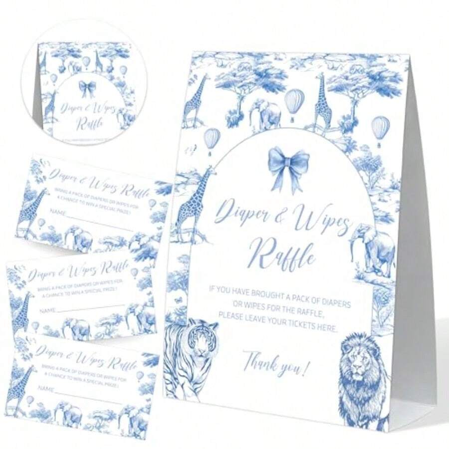 DBlue Toile Diaper And Wipes Raffle Baby Shower Game Blue Bow Safari Animal Diaper Raffle Sign And 50 Cards Woodland Forest Gender Reveal Game For Guests Baby Announcements Ideas Party Plies 23 - 如圖所示 - 查看 1