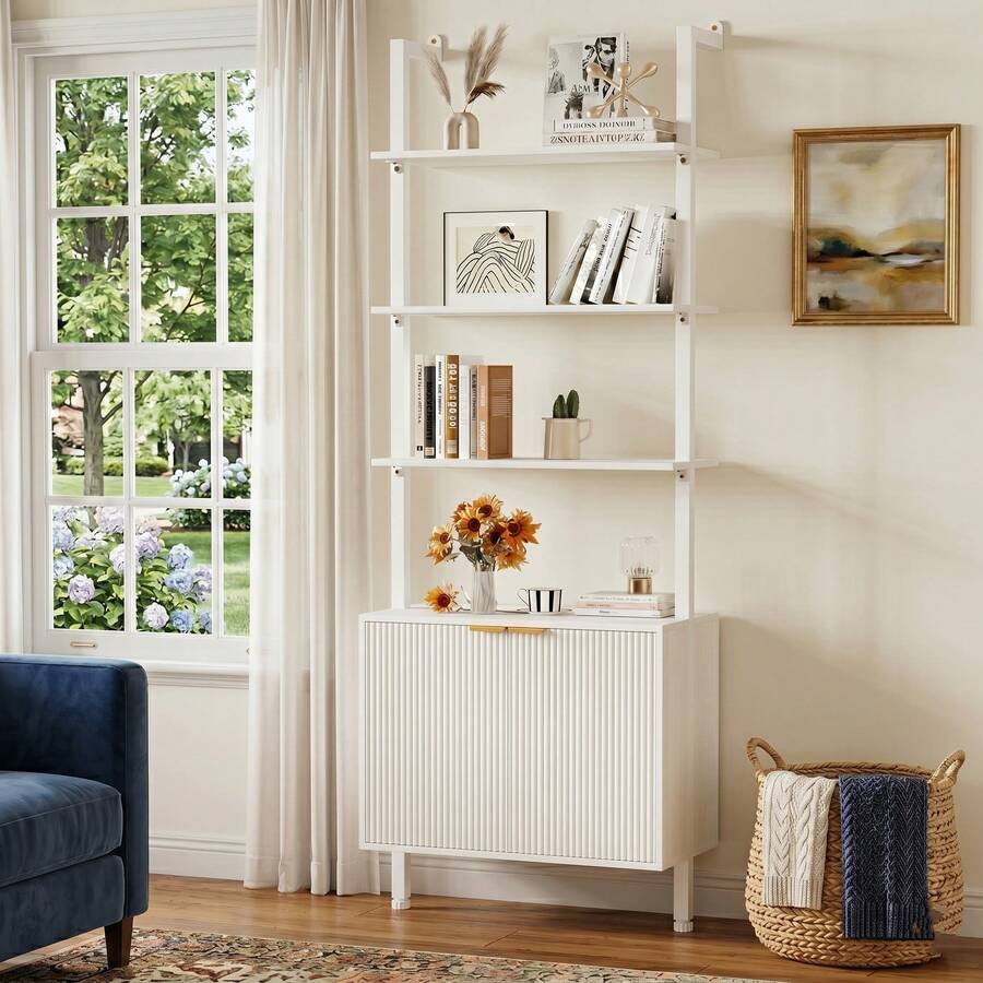 INNOD Chic Modern Ladder Bookcase With Fluted Storage Cabinet, 74" Tall Display Shelf Metal Frame Organizer For Home Office - 白色 - 查看 1