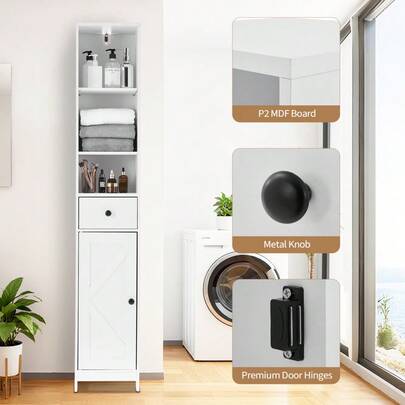 Armario de almacenamiento alto y estrecho para baño - Torre de lino independiente de 170 cm con puerta corrediza tipo granero, estantes ajustables, cajón y compartimentos - Organizador estilo casa de campo moderno para espacios pequeños - Para baño, cocina o sala de estar