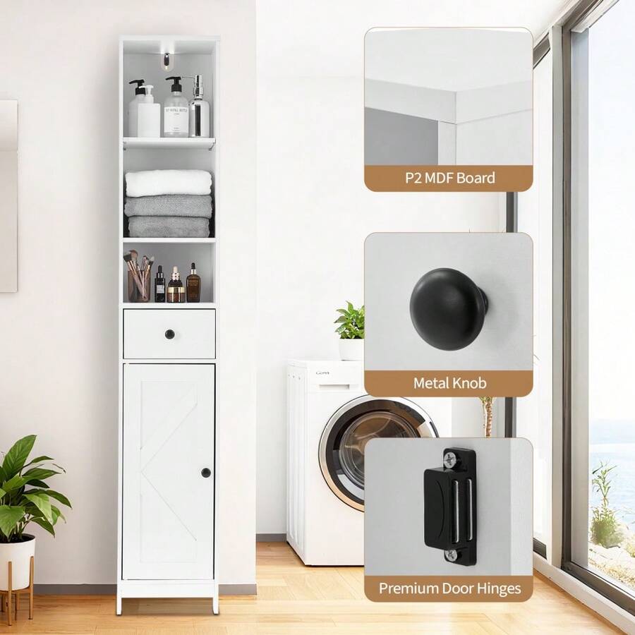 Armario de almacenamiento alto y estrecho para baño - Torre de lino independiente de 170 cm con puerta corrediza tipo granero, estantes ajustables, cajón y compartimentos - Organizador estilo casa de campo moderno para espacios pequeños - Para baño, cocina o sala de estar - Puerta individual, 1 cajón - Ver 1