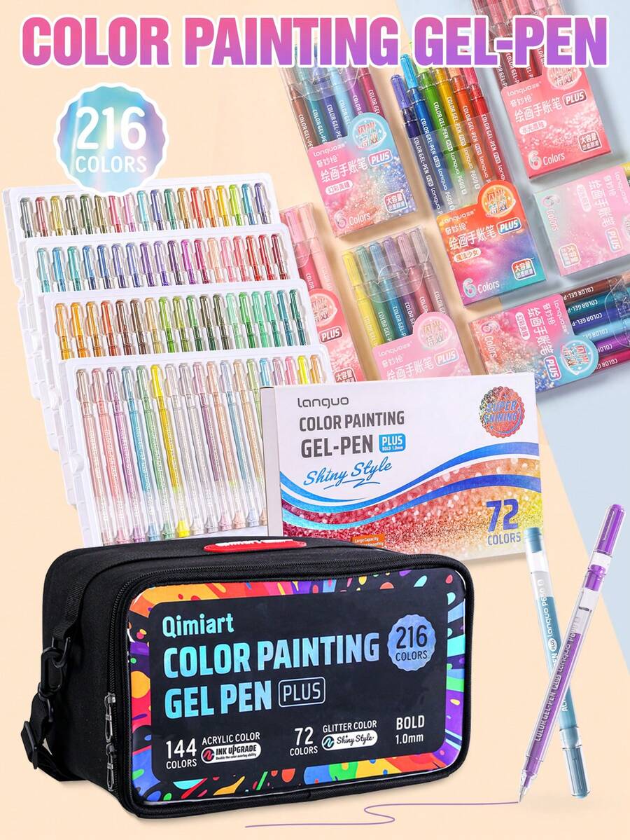 Conjunto de Canetas Gel com Glitter em 24/36/48/54/72/216 Cores, Elegante Caixa de Presente e Bolsa de Armazenamento Portátil, Ponta de 1,0 mm, Cores com Glitter de Alta Pigmentação Incluindo Séries Acrílicas e com Glitter, Tabela de Cores para Fácil Seleção, Ideal para Diários de Estudantes, Desenhos Infantis, Criação de Cartões, Desenhos Criativos - Multicolorido - Ver 1