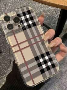 Funda protectora transparente a prueba de golpes con cobertura completa y diseño a cuadros marrones y a rayas, adecuada para iPhone11/12/13/14/15/16/17/PROMAX - Marrón - Ver 4