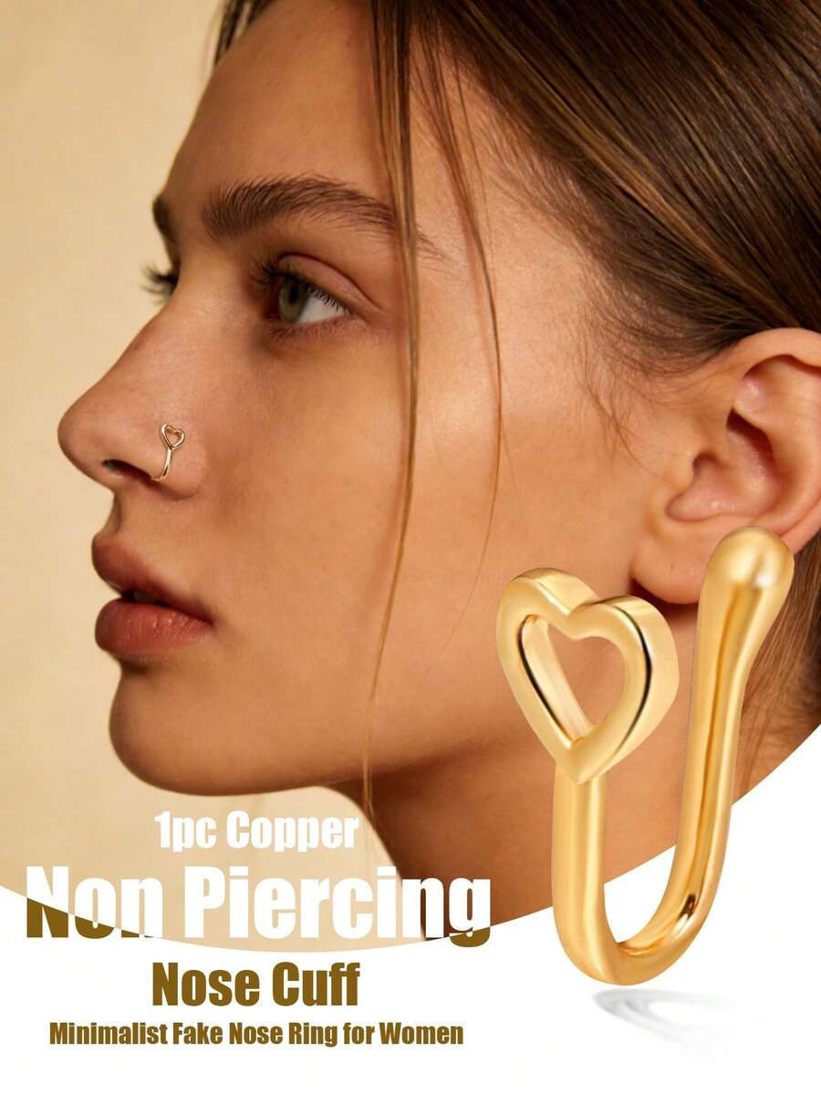 1 chiếc khuyên mũi hình trái tim rỗng cao cấp độc quyền. Chất liệu vàng, kiểu dáng tối giản. Thích hợp cho các bữa tiệc theo phong cách châu Âu và trang phục hẹn hò. - Hình trái tim chạm khắc vàng - Xem 1