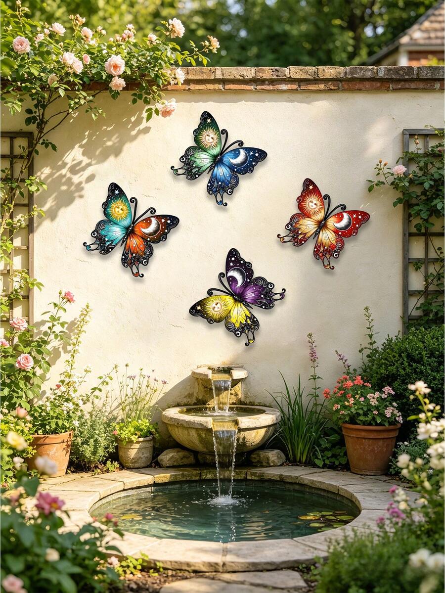 1/2/4件套 2D 平面太阳、月亮和蝴蝶金属墙饰，4色波西米亚风格星空蝴蝶花园装饰，适用于客厅、玄关、阳台/露台、庭院/花园、花店、民宿、冥想室、花园中心、瑜伽馆、家居装饰、庭院装饰、艺术墙饰、乔迁礼物、生日礼物、送给自然和精神爱好者的礼物