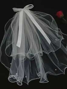 1pc Women's Elegant Faux Pearl White Sheer Ruffled Veil, Short Portable Bridal Veil For Wedding, Bowknot Fluffy Curled Headpiece,Festival,Party - White - View 5