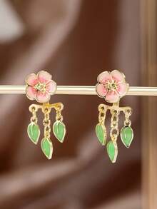 1 Đôi bông tai hình lá hoa đào mới, bông tai dáng dài bằng men sứ hình hoa tươi thời trang dành cho nữ - Nhiều màu - Xem 9