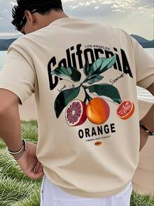 Men's Fashionable Versatile Orange Print Round Neck T-Shirt, Summer - Apricot - View 1