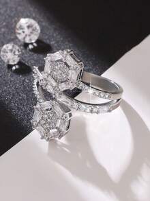1 chiếc nhẫn tròn sang trọng, tinh tế, đính đá Cubic Zirconia lấp lánh, phù hợp cho cả nam và nữ, món quà lý tưởng cho lễ đính hôn, cầu hôn, ngày Valentine, đám cưới, lễ đính hôn. - Bạc - Xem 4