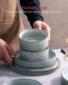 Richmount 18 Piece Stoneware Dinnerware Sets, Plates And Bowls Set For 6, Dishwasher And Microwave Friendly - Màu xanh khói - Xem 5