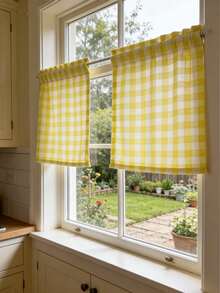 1pc American Style Plaid Short Curtain, Yellow & White Checkered Short Curtain For Kitchen/Bathroom, Soft & Comfortable - Yellowish-white - View 8