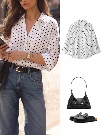 Blusa de mujer vintage con lunares franceses y mangas anchas, primavera/verano