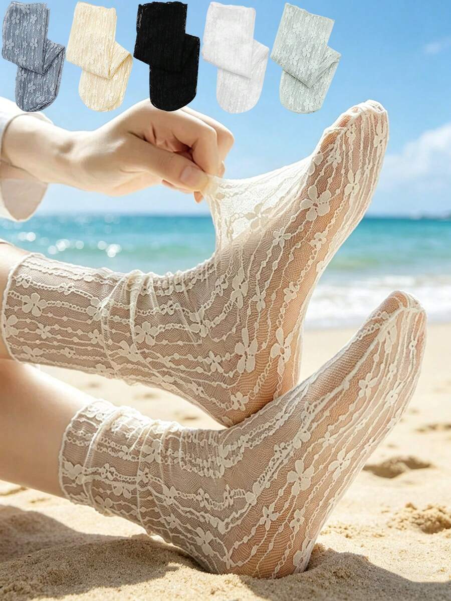 chuanwa（2） 1/5/10 Pairs Ladies Summer Fashion Sheer Lace Socks Cute Lolita Design Soft Sexy Comfortable Breathable Socks