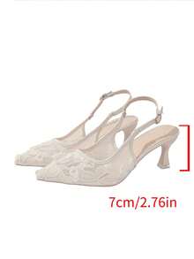 New Elegant Breathable Lace Mesh Pointed Toe Slip-On Adjustable Buckle Strap Stiletto High Heel Sandals, Suitable For Dates, Weddings, Parties - Beige - View 8