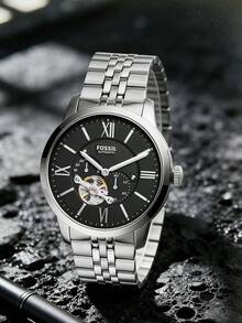 “Fossil ME3107 男士自动机械表 - 不锈钢表壳和皮革表带，矿物水晶表镜，50米防水，黑色表盘” - 黑色 - 查看 8