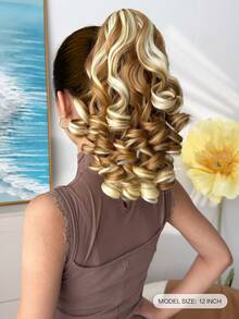 12 Inch Brown & Gold Wavy Synthetic Fiber Ponytail Hair Extension, Suitable For Women's Party And Daily Use - Gold - View 3
