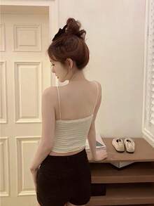 Áo hai dây thắt nơ cho nữ, áo hai dây ôm sát gợi cảm có đệm mút, hàng mới về mùa xuân/hè, phong cách thường ngày. - Màu be - Xem 4