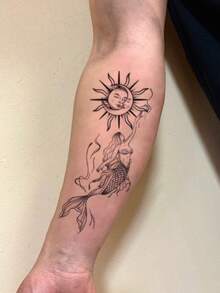 1pc Washable Black & Gray Line Art Mermaid Sun Moon Temporary Tattoo, Vintage Style Large Arm Fake Tattoo Sticker Lasts 2-3 Days,Sketch Style - Black - View 3