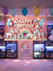 1pc-Unicorn Happy Birthday Banner, Pink Rainbow Birthday Backdrop, Polyester Birthday Party Decorations, Indoor Outdoor No Power Needed Background, Reusable Wall Decor For Room, Garden, Entryway, Photo Booth Supplies For Birthday Party - A - View 9