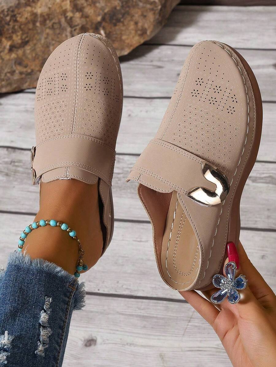 Women's Wedge Platform Mules With Arch Support; Women's Comfortable Wedge Platform Sandals With Openwork Design And Perforated Closed Toe. Suitable For Everyday Outdoor Wear, These Women's Slippers Feature Heel Cushioning And Are Perfect For Summer Casual Commuting. - Xám - Xem 1