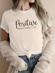 -White Round Neck Women's Shirt, 220 G, With A Positive Thinking Inspired Design, Perfect For All Seasons And Washable. - White - View 1