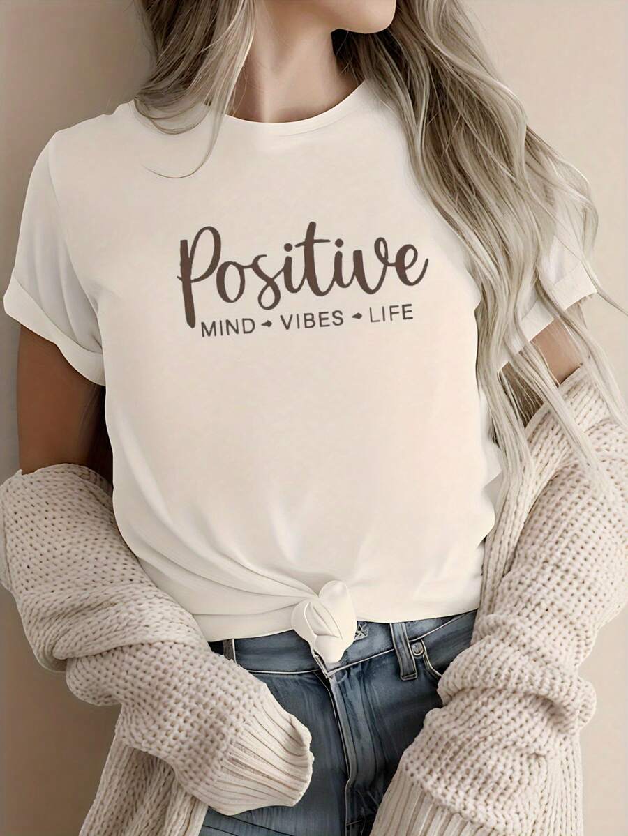 -White Round Neck Women's Shirt, 220 G, With A Positive Thinking Inspired Design, Perfect For All Seasons And Washable. - White - View 1