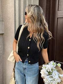Suéter de punto acanalado con botones delanteros de unicolor y manga corta para mujer, primavera negro - Negro - Ver 3