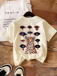 Plus Size Short Sleeve Round Neck T-Shirt With Unique Leopard Print And Eye Graphic Casual Summer - Apricot - View 3