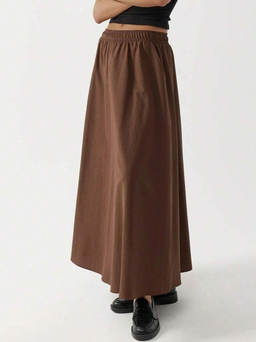 Women's High-Waist Cotton Maxi Skirt With Pockets – Coffee Brown - Coffee Brown - View 1