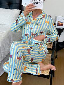 Dreamivo 女士秋冬新款长袖衬衫和裤子两件套睡衣套装，彩色卡通小狗图案，舒适休闲家居服 - 薄荷藍 - 查看 1