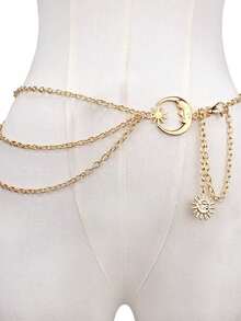 1 pieza Cadena para la cintura de mujer con decoración metálica, cinturón versátil con decoración de luna, cinturón de metal multicapa para decorar vestidos en verano, escuela, otoño y Halloween - Dorado - Ver 8