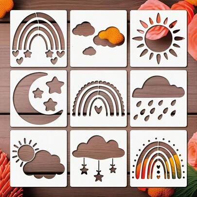 Reusable Weather Pattern Painting Template Set, Includes Designs Of Rainbow, Clouds, Sun And Moon, Suitable For Wall, Wood, Canvas, Fabric And Home Decor Art Projects, Fabric Template, Wall Painting, Rainbow Design