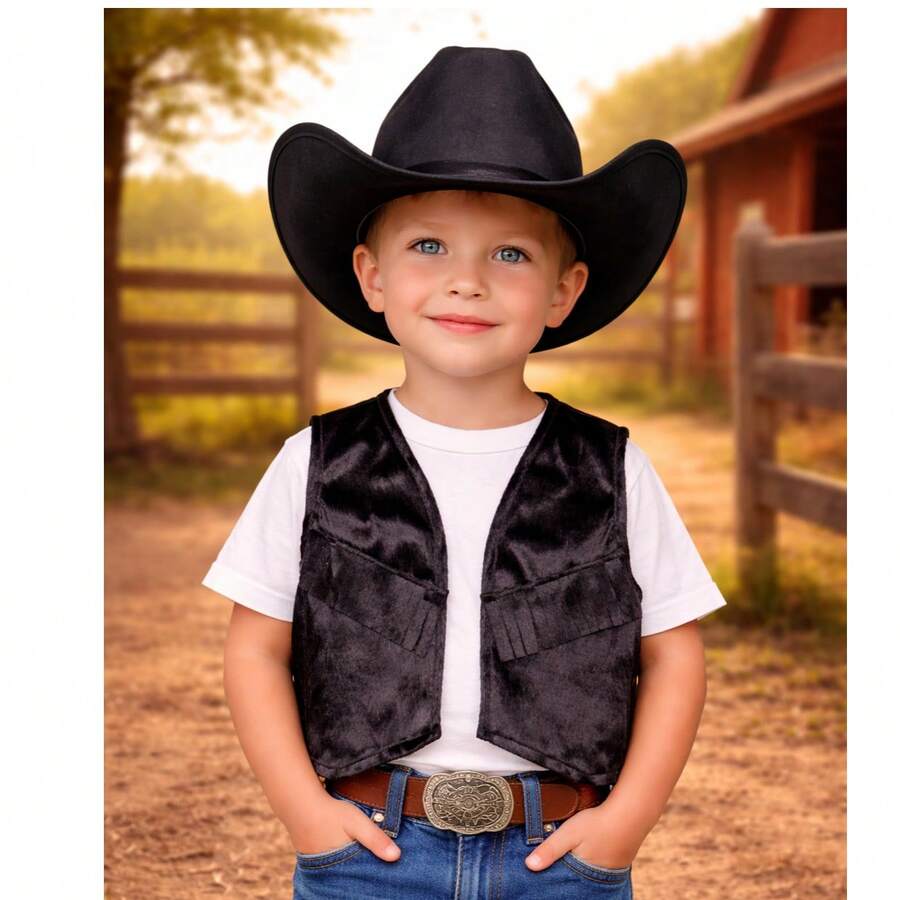 Children's Cowboy Style Kit – Hat + Vest With Fringe - Black/ Model 1 - View 1