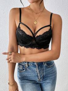 Sujetador con aros de encaje negro estilo Y2K sexy - Negro - Ver 4