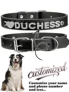 Collar de perro de PU personalizado con piedras de rhinestones en forma de corazón - Accesorio de moda para mascotas, adecuado para perros pequeños y medianos - Negro - Ver 2