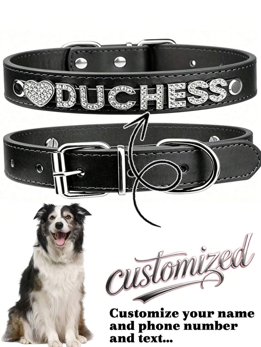 Collar de perro de PU personalizado con piedras de rhinestones en forma de corazón - Accesorio de moda para mascotas, adecuado para perros pequeños y medianos