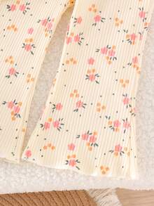 2pcs Baby Girls' Cute Fresh Floral Print Camisole + Ribbed Pants Set, Spring/Summer Forest Style - Apricot - View 7